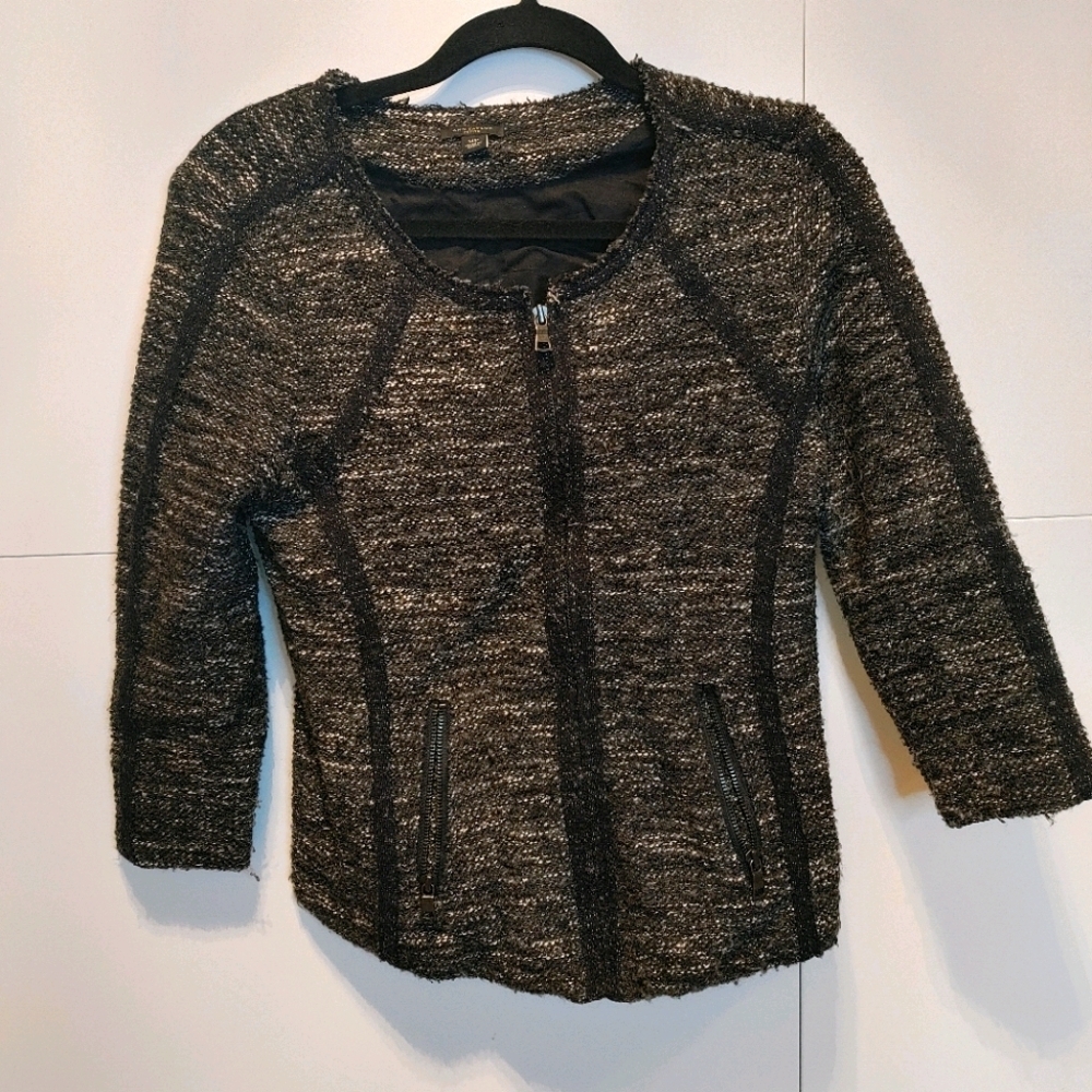 Ann Taylor Petite Zip Front Sweater Jacket Black Gray MP - Picture 1 of 6